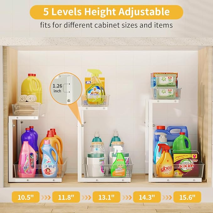 Under Sink Organizer, Under Sink Organizers and Storage with Adjustable Height and PET Basket, Pull Out Under Cabinet Organizer for Counter Kitchen, Vanity, Laundry, Pantry (1Pack, White)