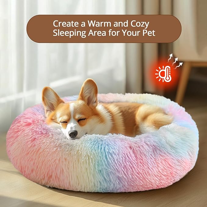 JOLLYVOGUE Small Dog & Cat Beds for Indoor Cats, Donut Cuddler Warming Soft Dog Beds with Anti-Slip Bottom, Round Calming Fluffy Plush Faux Fur Cushion Bed for Small Dogs (23", Rainbow)