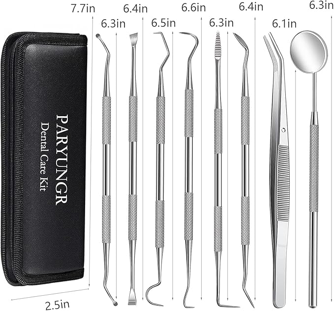 8 Pcs Dental Tools Pet Dog Teeth Cleaning Tool Kit, Stainless Steel Dental Picks Mouth Mirror Tooth Scraper Plaque Tartar Remover, Pets Oral Care Hygiene Set for Dogs and Cats Use with Case
