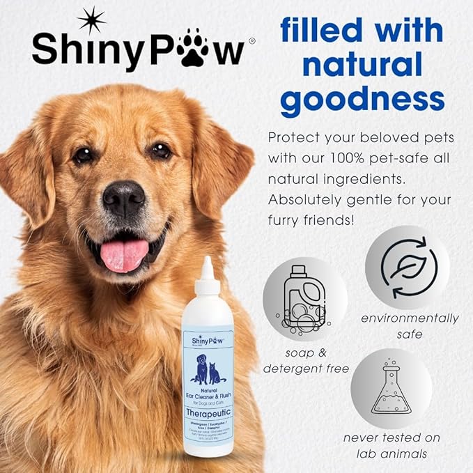 Dog Ear Cleaner Solution for Dogs & Cats 16 oz by Shiny Paw | Wintergreen, Camphor & Aloe – Gentle Ear Flush for Pets Health | Dog Ear Wash | Made in The USA