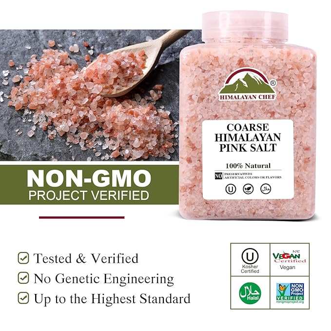 Himalayan Chef Pink Himalayan Salt Coarse Grain, 5 lbs Plastic Jar - Pure, Natural, Kosher, Mineral-Rich, Ideal for Grinder Refills, Cooking, Seasoning