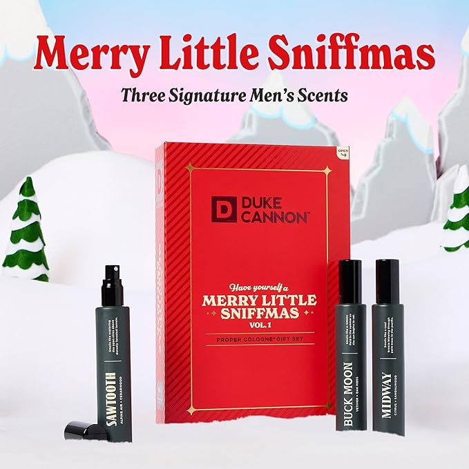 Duke Cannon Merry Little Sniffmas Giftset - travel-sized trio of Duke Cannon Proper Cologne® - Holiday Cologne Gift Set - eau de parfum - Sawtooth, Buck Moon, Midway