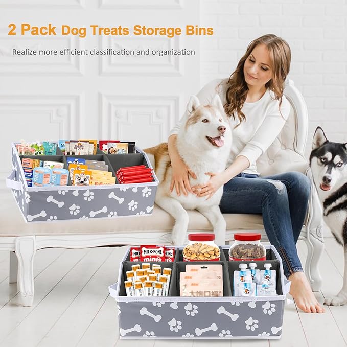 2pack Dog Storage Organizer,Dog Treat Container Bin for Countertop,Collapsible Cat Treats Container with Dividers,Dog Treats Station for Treats Stick/Canned Food/Bagged Snacks-Bone Paw