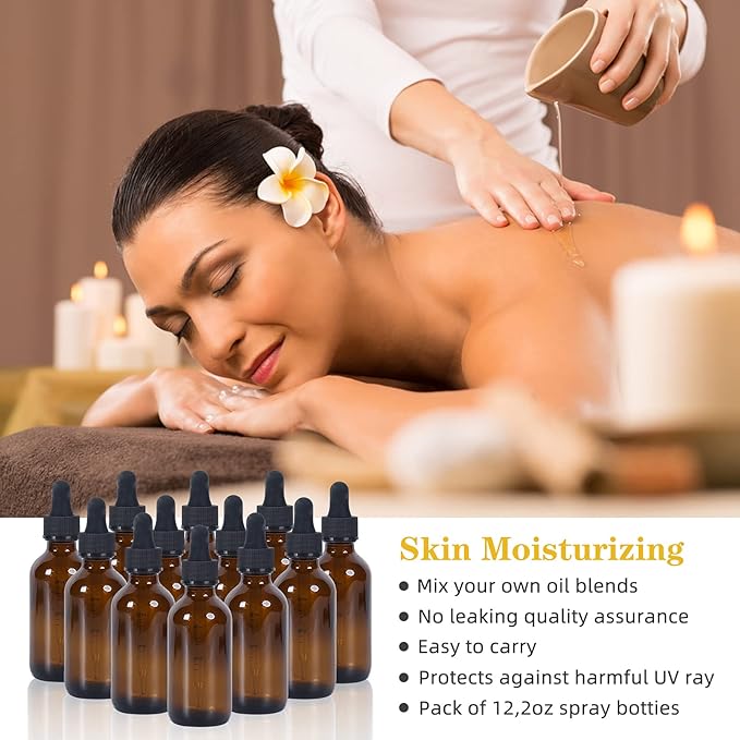 2 oz Dropper Bottle 12 Pack Amber Glass Boston Bottles 30ml with Eye Droppers Black Caps for Essential Oils, Perfume, Leak Proof Travel Bottles for Liquids