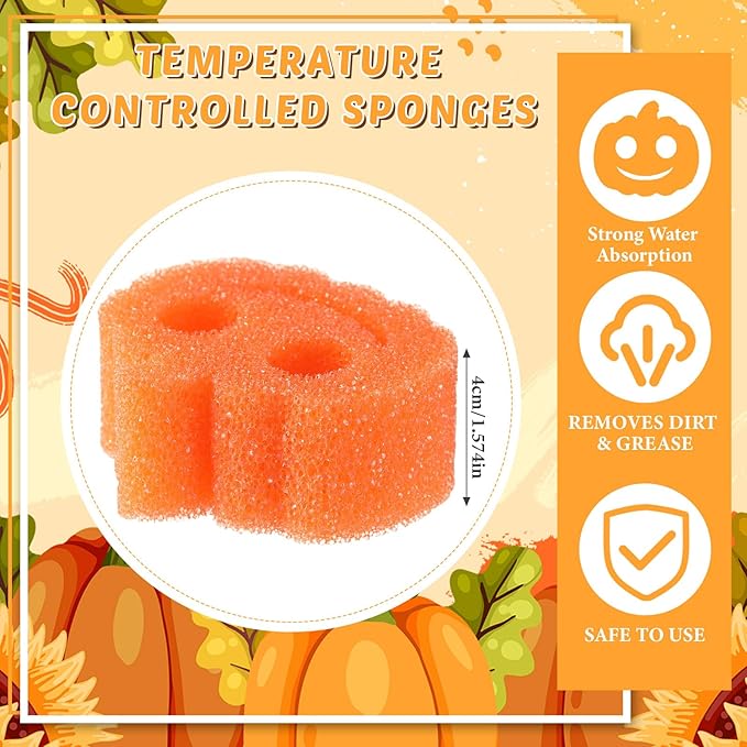 3 Pcs Dual Sided Scrub Sponge Multi Functional Cute Temperature Sensitive Non Scratch Dish Sponge for Washing Dishes Kitchen Bathroom (Thanksgiving Pumpkin,Orange, Yellow, Green)