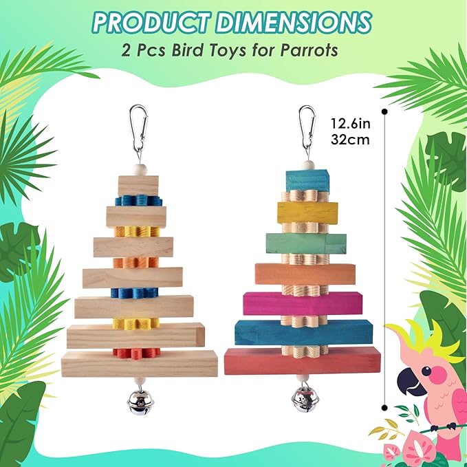 2 Pcs Bird Toys for Parrots, Colorful Natural Large Parrot Toy Hanging Chew Wood Block with Bell for Medium to Large Cockatiels, Conures, African Greys, Amazon