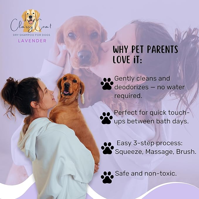 Dry Shampoo & Coat Deodorizer for Dogs (Lavender) | Waterless No-Rinse Squeeze Bottle Powder Formula | Calming Lavender Scent | Talc and Alcohol Free | Safe for Sensitive Skin | Made in USA
