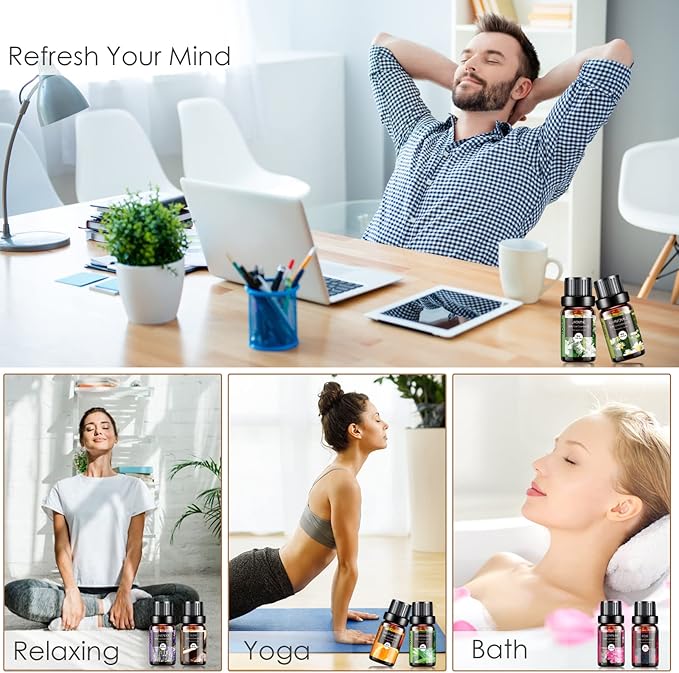 Essential Oils Set, 20x10ml Aromatherapy Essential Oil Kit for Diffuser, Humidifier, Massage, Skin & Hair Care - Lavender, Eucalyptus, Tea Tree, Sweet Orange, Lemongrass and Peppermint