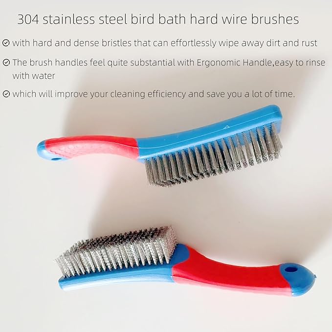 2 Pcs Bird Bath Hard Wire Brushes，Iron Out Rust Stain Remover，Bathtub Cleaning Brush，Hummingbird Feeder Cleaning Brushes，Outdoors Fountain Cleaner Safe for Birds，Bird Cage，Concrete，Birdbaths，Bow