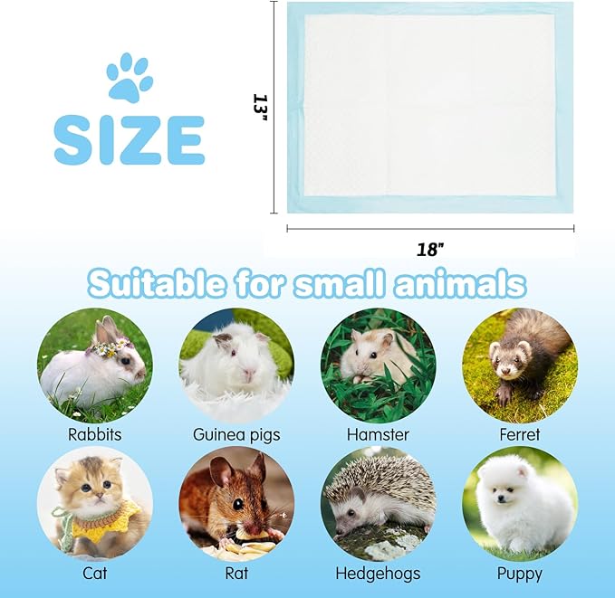 kathson 100PCS Guinea Pig Cage Liners Disposable 13" x 18" Rabbit Disposable Potty Training Pad Super Absorbent & Leak-Free Pet Supplies for Bunny Kitten Small Dog Guinea Pig