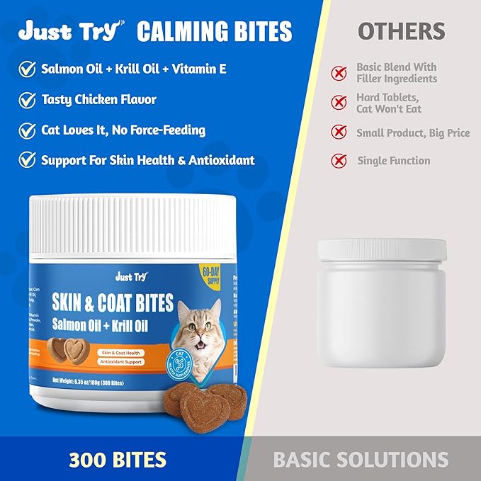 Just Try 300 Bites Skin and Coat Bites Omega 3 for Cats Salmon Oil - Supports Healthy Skin, cat Itchy Skin Relief - Health Supplements Vitamins for Indoor Cats - 6.35 oz