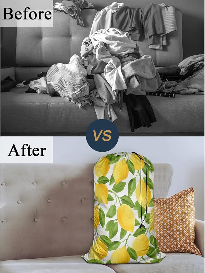 Swono Watercolor Lemons Laundry Bag with Strap Machine Washable Large Dirty Clothes Organizer Green Leaves Botanical Easy Fit Laundry Hamper or Basket, Carry Up to 4 Loads of Laundry, Yellow