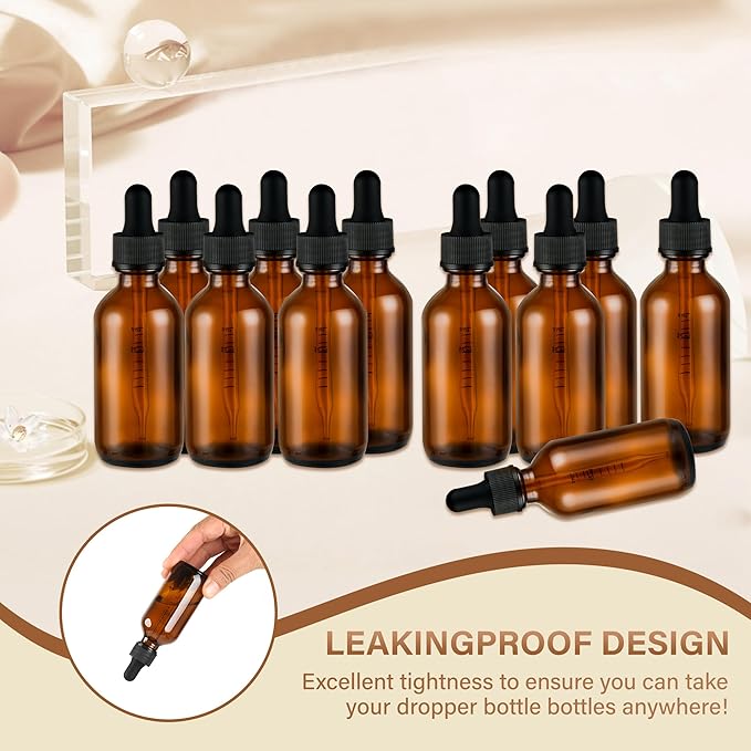 12 Pcs, 2oz Dropper Bottle, Amber Glass Eye Dropper Bottle, Tincture Bottles with Dropper, Leak-Proof Design, Stronger Suction, for All Kinds of Mixed Liquids