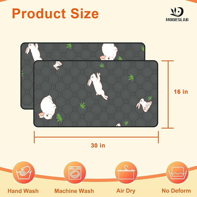 2-Pack Guinea Pig Cage Liner, 16in x 30in Fast Absorption Washable Bedding Pee Pads for Dogs Puppy Rabbit Small Animal Cage Mat, Leakproof & Non-Slip