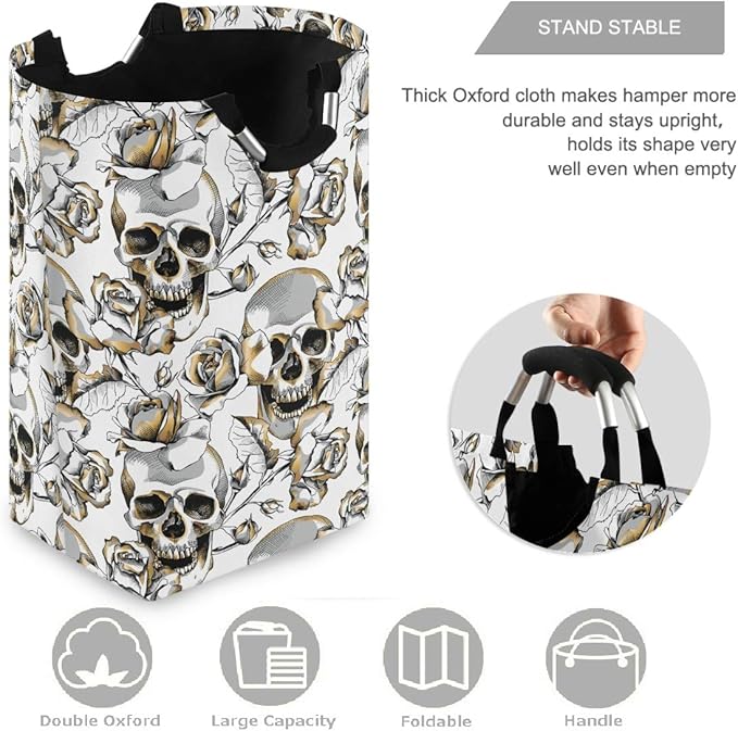 visesunny Gold Skull And Rose Floral Large Laundry Hamper with Handle Foldable Durable Clothes Hamper Laundry Bag Toy Bin for Bathroom, Bedroom, Dorm, Travel