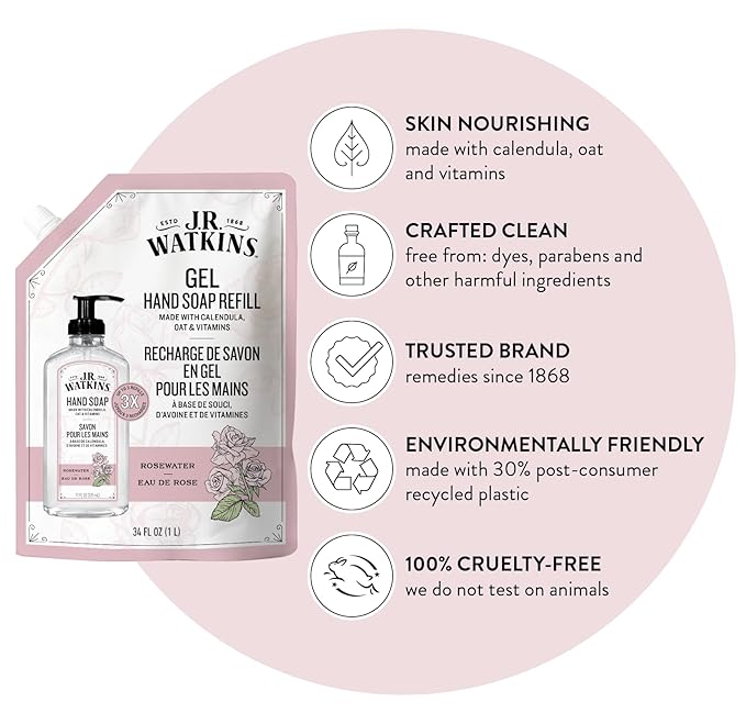 J.R. Watkins Gel Hand Soap Refill, Moisturizing Hand Wash, Formulated with Plant-Based Cleansers, Alcohol-Free, Cruelty-Free, Rosewater, 34 Fl Oz, 2 Pack