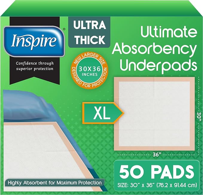 Inspire Extra Large Super Absorbent Disposable Bed Pads for Chronic Incontinence Ultra Thick and Absorbent Bed Pads Disposable Adult | Pee Pads for Adults (30" X 36" Pack of 50)