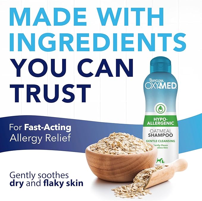 TropiClean OxyMed Hypoallergenic Dog Shampoo for Allergies and Itching, Skin Soothing Shampoo for Pets with Sensitive Skin, Tearless, Cat Safe, 20oz.