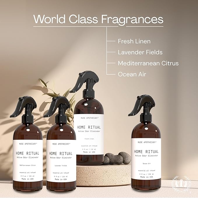 Muse Apothecary Home Ritual Active Odor Eliminator Spray - Furniture Deodorizer Spray & Bathroom Odor Eliminator for Home - Essential Oil Air Freshener - 8oz, Lavender Fields