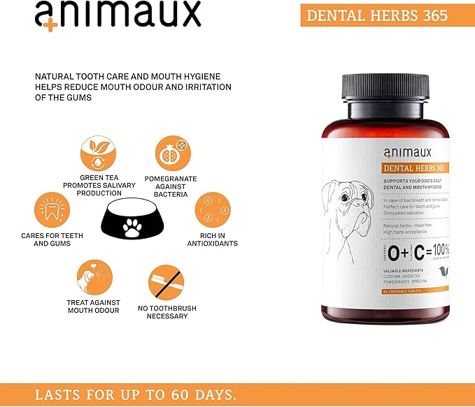 animaux Dental Herbs 365 – Herbal Dog Supplement, Supports Teeth Cleaning, Oral Care & Mouth Hygiene, Breath Freshener, Treats for Prevention of Plaque & Tartar, 60 chewable Tablets, 60 Days Supply