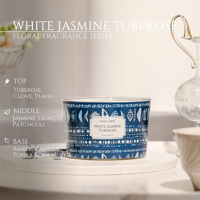 HomeLights Scented Candles for Women & Men, 18oz Candle Jars Aromatherapy 4-Wick Candle, Ideal for Bohemian Natural Textures Home Decor and Gifts, White Jasmine Tuberose