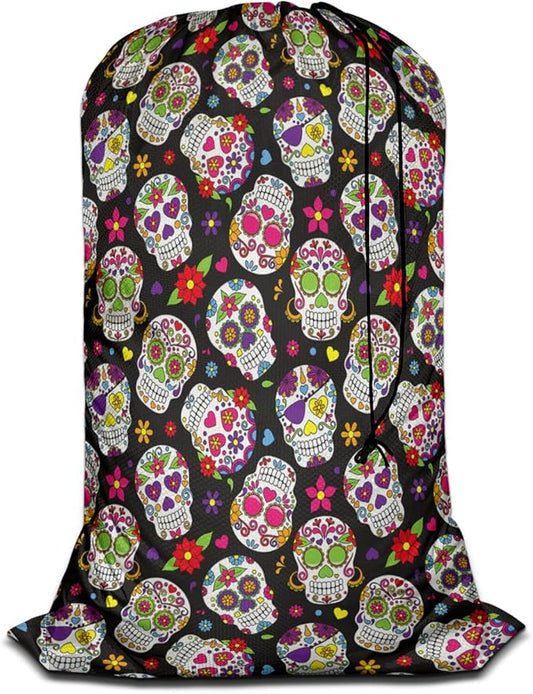 Swono Sugar Skull Drawstring Closure Dirty Clothes Bag Organizer, Heavy Duty Large Laundry Bag, Day Of The Dead Mexican Skeleton Floral Rip-Stop Bags for Camp Travel, Machine Washable, Spooky