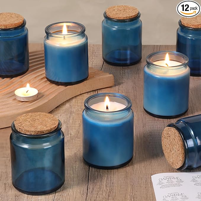 12Pcs Blue Candle Jars for Making Candles, 7.5oz Glass Jars with Wooden Lids and Labels, Candle Containers for DIY, Gifts, Candle Making Supplies, Table Decor