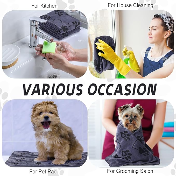 4 Pcs Dog Bath Towels Microfiber Drying Dog Towel Absorbent Pet Heart Paw Towels for Medium Dogs Puppy Cats Pets Shower(Gray)