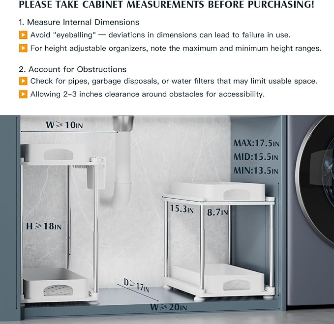 2 Pack Under Sink Organizers and Storage, Double Sliding Kitchen Cabinet Organizer, 2 Tier Height Adjustable Countertop Organizer for Kitchen Bathroom Laundry, White