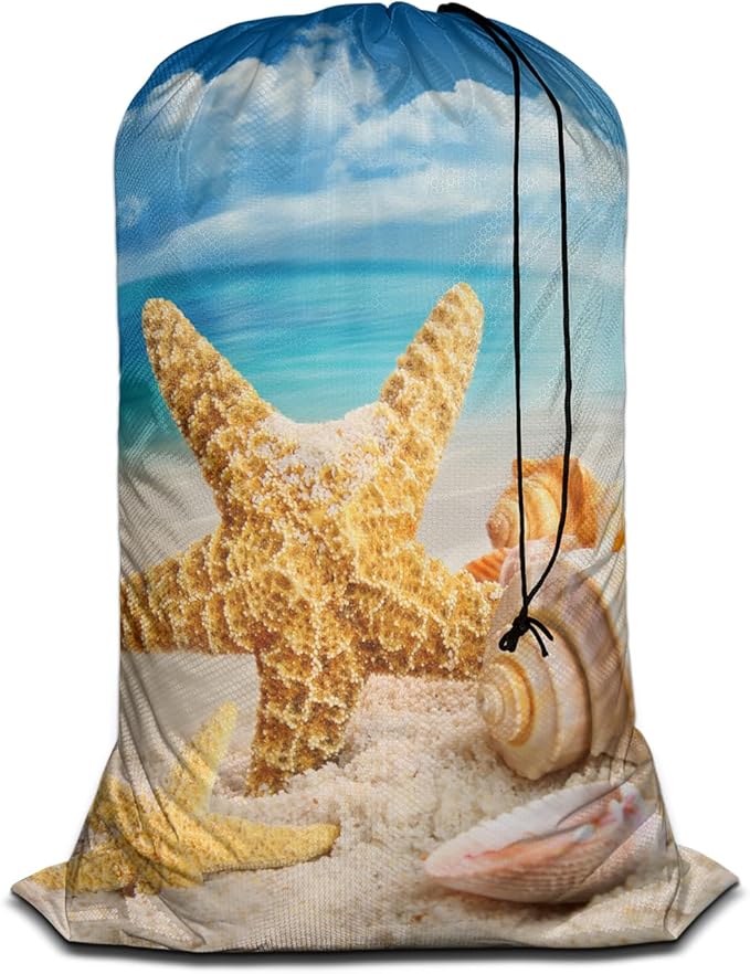 Swono Starfish Laundry Bags for Travel, College, Camping and Gym Seashells On The Beach Blue Sky Coast Shore 28" x 40", Polyester