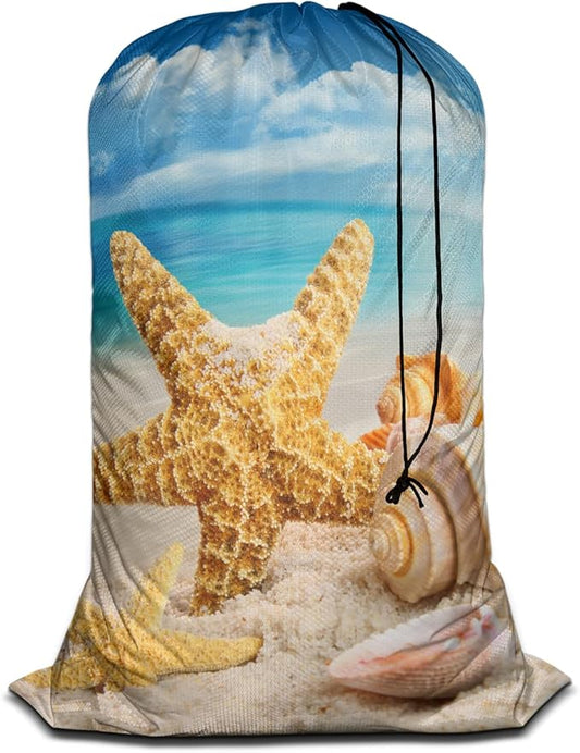 Swono Starfish Laundry Bags for Travel, College, Camping and Gym Seashells On The Beach Blue Sky Coast Shore 28" x 40", Polyester