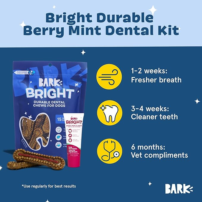 Barkbox Bright Durable Dental Kit, Berry Mint Flavored, 15 Chew Sticks & Toothpaste - Large Breeds