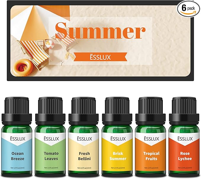 ESSLUX Summer Fragrance Oil Set, Soap Candle Making Scents, Essential Oils for Diffusers for Home, 6x10ml, Brisk Summer, Ocean Breeze, Tropical Fruits and More