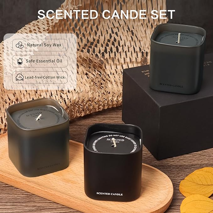 Scented Candles for Men - 3 Pack Vanilla Teakwood Mens Candles Gift Set | Essential Oil Soy Wax Candle | Luxury Masculine Gifts for Him, Husband, Boyfriend