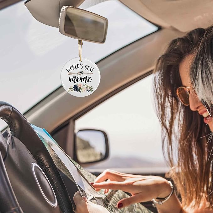 World's Best Meme Ceramic Ornaments Gifts, Grandma Grandmother Round Hanging Ornament Decor Decorations for Christmas Tree Car, Appreciation Thank You Gifts for Meme Birthday Holiday