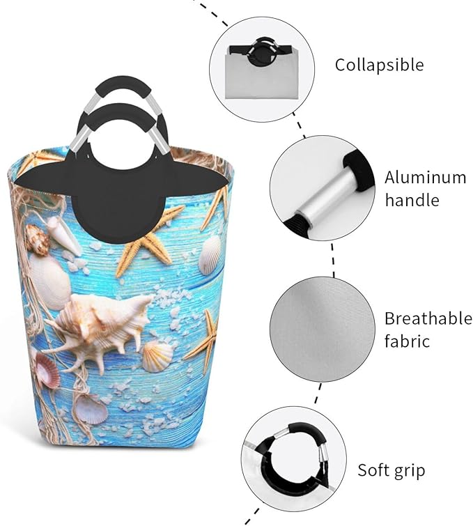 Beach Wooden Starfish Laundry Basket Seashell Laundry Hamper Blue Collapsible Laundry Baskets with Handle Laundry Bag Dirty Clothes Hamper for Dorm Family Bathroom Decor Storage 50L