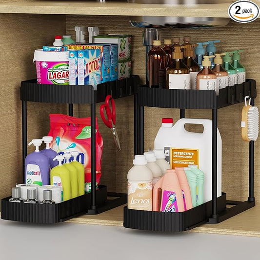 Ukeetap 2 Pack Multi-Purpose Pull-Out Storage Organizers, Under Sink & Cabinet Storage, 12.8 Inch, White (黑色)