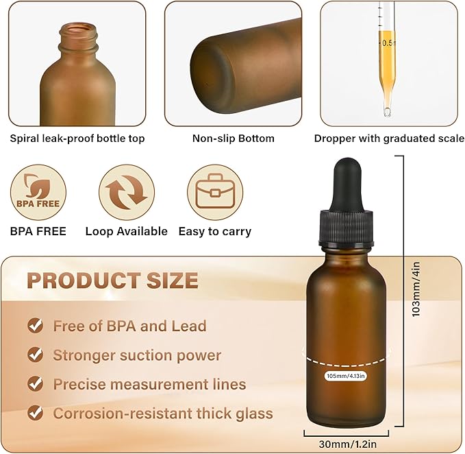 12 Pcs, 1oz Dropper Bottle, Amber Glass Eye Dropper Bottle, Tincture Bottles with Dropper, Pretty Finish, Leak-Proof Design, Stronger Suction for All Kinds of Mixed Liquids