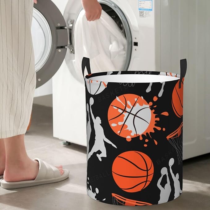 Basketball Sport Theme Laundry Hamper Bag With Waterproof Liner - Round Laundry Basket Foldable Clothes Storage Organizer For Bathroom Bedroom Nursery Dorm, S-16.5"X 13.8"