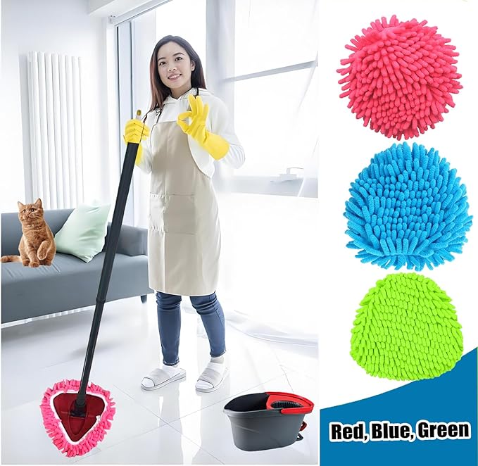 3 PCS Spin Mop Heads Replacements Compatible with Ocedar Easywring 1 Tank System Chenille Mops Duster Pad Washable Dust Refills Green Blue Red