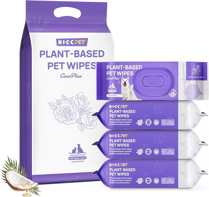 HICC PET Cleaning Deodorizing Wipes for Dogs & Cats, Vet Recommended Nourishes Smoothes Fur Grooming Wipes, Fermented Coconut Oil Grooming Body, Horse Skin, Coat & Hoof, 400 Count, Unscented