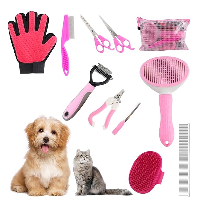 Dog Grooming Brush Shedding Kit, 10 Pcs All In One Pet Self Cleaning Kit with Slicker Brush, Deshedding Tool, Dog Grooming Scissors, Pet Nail Clippers and File for All Breeds of Dogs and Cats