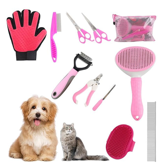 Dog Grooming Brush Shedding Kit, 10 Pcs All In One Pet Self Cleaning Kit with Slicker Brush, Deshedding Tool, Dog Grooming Scissors, Pet Nail Clippers and File for All Breeds of Dogs and Cats