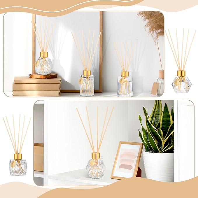 6 Pcs Reed Diffuser Gift Set Empty Reed Diffuser Bottle and 30 Pcs Sticks with Metallic Leaves Decoration Funnels 3.4 oz Fragrance Glass Prismatic Bottles for Essential Oil DIY Home Office, 6 Styles