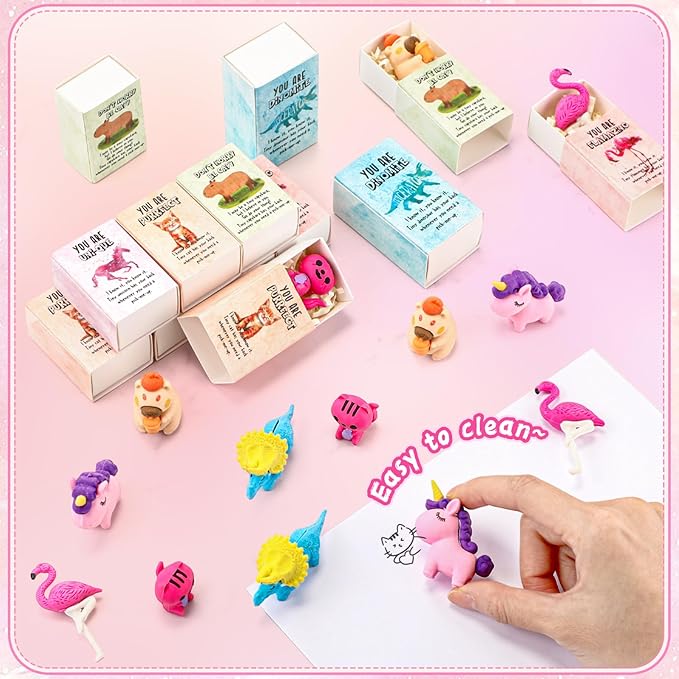 30 Sets Emotional Support Desk Pets Bulk Animal Erasers Desk Pets Positive Affirmation Puzzle Pencil Eraser Toys Gifts with Box Raffia for Students School Classroom Party Favors (Animals)