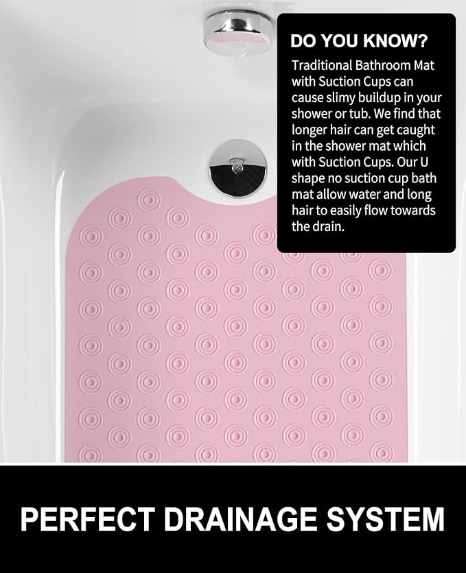 OTHWAY No Suction Cup Bath Mat: 39x16inch Extra Long Bathmat│Perfect for Refinished Bathtub Mat│Made of Nature Rubber│a Blessing for The Elderly and Children (Pink)