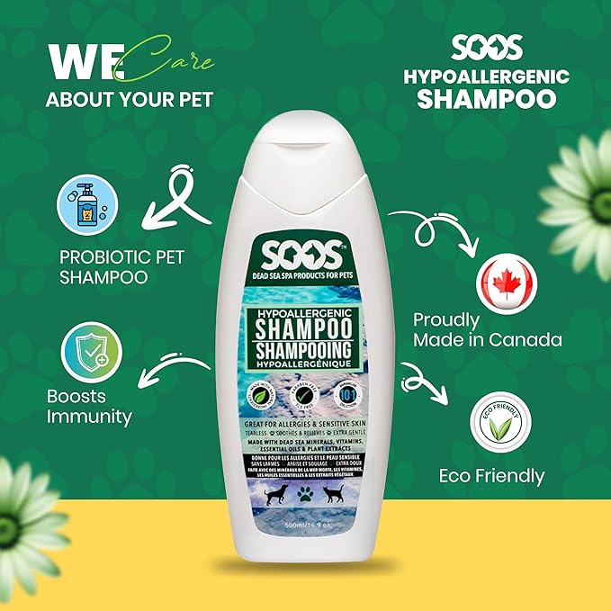 Soos Pet Dog Shampoo for Cats and Pets Hypoaller-genic Natural Dead Sea Minerals Fast Absorbing with Vitamins Essential Oils Natural Elements Antiba-cterial - 1x Pet Shampoo (500ml)