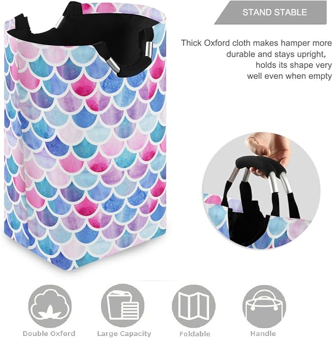 visesunny Collapsible Laundry Basket Mermaid Rainbow Scale Large Laundry Hamper with Handle Toys and Clothing Organization for Bathroom, Bedroom, Home, Dorm, Travel