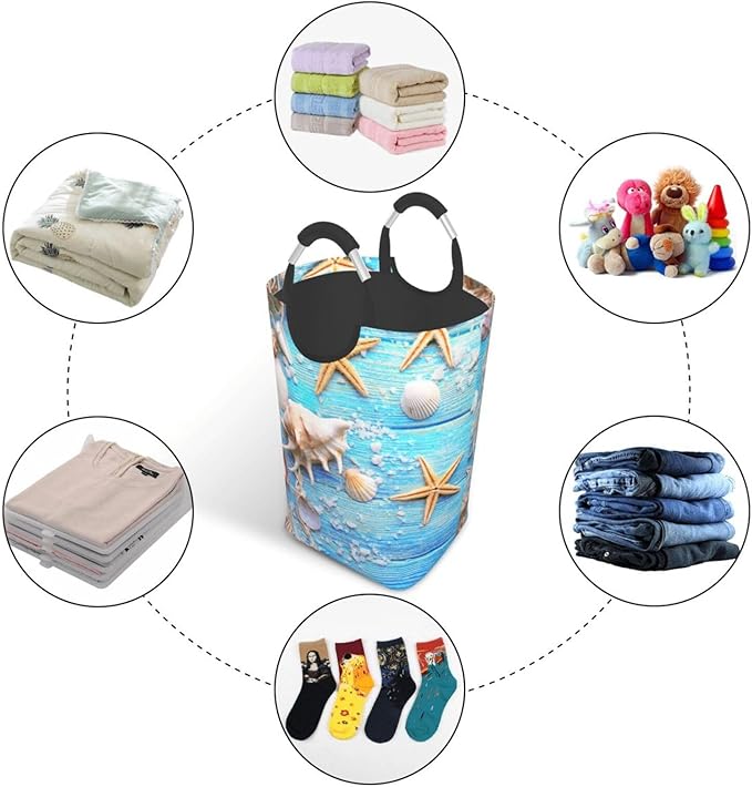Beach Wooden Starfish Laundry Basket Seashell Laundry Hamper Blue Collapsible Laundry Baskets with Handle Laundry Bag Dirty Clothes Hamper for Dorm Family Bathroom Decor Storage 50L