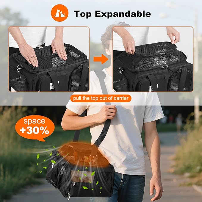 19x13x9 TSA Approved top Expandable pet Carrier for Small Dog Puppy cat up to 10 lbs Weight and 18'' Length, for Southwest Spirit Canada Airlines(Black)
